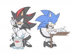 Size: 2156x1611 | Tagged: safe, artist:chilidog_16, shadow the hedgehog, sonic the hedgehog, alternate outfit, bucket, cleaning, crossdressing, dress, duo, maid outfit, mop, water