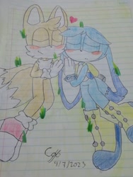 Size: 780x1040 | Tagged: safe, artist:boup3theperformer1, kit the fennec, miles "tails" prower, 2023, blushing, cute, duo, eyes closed, gay, heart, kitabetes, kitails, lined paper, mouth open, shipping, signature, smile, tailabetes, traditional media