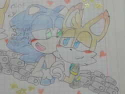 Size: 1040x780 | Tagged: safe, artist:boup3theperformer1, miles "tails" prower, nine, sonic the hedgehog, sonic prime, 2023, blushing, cute, dialogue, duo, english text, gay, holding hands, lidded eyes, lined paper, looking at each other, mouth open, nine x sonic, shipping, signature, smile, sonabetes, sonic x tails, tailabetes, traditional media