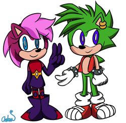 Size: 801x777 | Tagged: safe, artist:reinadecorazonez, manik the hedgehog, sonia the hedgehog, 2020, backwards v sign, brother and sister, cute, duo, looking at viewer, looking offscreen, manikbetes, siblings, signature, simple background, smile, soniabetes, standing, transparent background, v sign