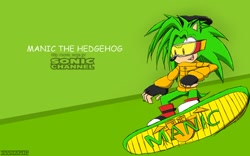 Size: 900x563 | Tagged: safe, artist:jessicap0p, manik the hedgehog, hedgehog, boots, fingerless gloves, gloves, goggles, green fur, jacket, male, red eyes, skateboard