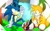 Size: 1024x640 | Tagged: safe, miles "tails" prower, sonic the hedgehog, chao, fox, hedgehog, blue eyes, blue fur, gloves, green eyes, group, male, orange fur, shoes, soap shoes, socks