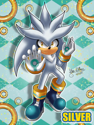 Size: 828x1104 | Tagged: safe, artist:star-shiner, silver the hedgehog, hedgehog, boots, gloves, grey fur, male, rings, yellow eyes