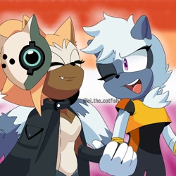 Size: 1024x1024 | Tagged: safe, artist:leithecatfish, tangle the lemur, whisper the wolf, 2024, duo, eyes closed, gradient background, holding hands, lesbian, lesbian pride, looking at them, mouth open, one fang, outline, pride, pride flag background, redraw, shipping, signature, smile, standing, tangle x whisper, wink