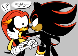 Size: 750x537 | Tagged: safe, artist:virune, mighty the armadillo, shadow the hedgehog, blushing, blushing ears, dialogue, duo, exclamation mark, floppy ears, frown, gay, grey background, hand on another's face, leaning in, lidded eyes, looking at each other, mightadow, mouth open, question mark, shipping, shrunken pupils, simple background, speech bubble, standing, surprised