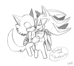 Size: 2000x1792 | Tagged: safe, artist:pirog-art, gadget the wolf, shadow the hedgehog, 2018, arm around shoulders, duo, gadget x shadow, gay, heart, holding each other, lidded eyes, line art, looking at each other, monochrome, mouth open, scar, shadget, shipping, signature, simple background, standing, white background