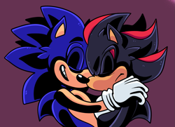 Size: 1113x805 | Tagged: safe, artist:beastofeuthanasia, shadow the hedgehog, sonic the hedgehog, 2020, duo, eyes closed, frown, gay, holding each other, mouth open, purple background, shadow x sonic, shipping, simple background, smile, standing