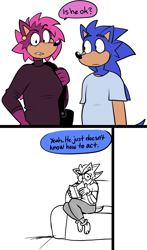 Size: 1560x2656 | Tagged: safe, artist:beastofeuthanasia, shadow the hedgehog, sonia the hedgehog, sonic the hedgehog, 2024, alternate outfit, awkward, book, clenched teeth, comic, dialogue, english text, flat colors, frown, holding something, indoors, looking at each other, looking at them, looking at viewer, simple background, sitting, speech bubble, standing, trio, white background