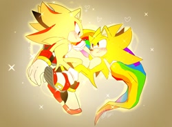 Size: 2048x1505 | Tagged: safe, artist:3511vo, shadow the hedgehog, sonic the hedgehog, super shadow, super sonic, 2021, blushing, duo, flag, flying, gay, gay pride, gradient background, holding something, looking at each other, pride, pride flag, shadow x sonic, shipping, smile, sparkles, super form