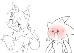 Size: 1212x866 | Tagged: suggestive, artist:la_gata_golosa_, miles "tails" prower, sonic the hedgehog, 2024, blushing, butt, duo, gay, lidded eyes, line art, mouth open, shipping, simple background, smile, sonic x tails, sparkles, standing, tail aside, white background