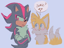 Size: 2032x1528 | Tagged: safe, artist:dogdaysc, miles "tails" prower, shadow the hedgehog, 2024, :o, arms folded, blue background, blushing, cute, dialogue, duo, frown, gay, looking at them, mouth open, shadow is not amused, shadow x tails, shipping, simple background, speech bubble, standing, tailabetes, wagging tail