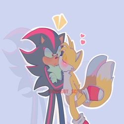 Size: 2048x2048 | Tagged: safe, artist:dogdaysc, miles "tails" prower, shadow the hedgehog, 2024, arms folded, blue background, blushing, duo, gay, hands behind back, heart, kiss on cheek, mouth open, outline, shadow (lighting), shadow x tails, shipping, signature, simple background, standing, standing on one leg, surprise kiss, surprised