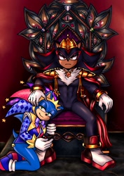 Size: 1448x2048 | Tagged: safe, artist:ninelivesaved, shadow the hedgehog, sonic the hedgehog, 2024, cape, crown, duo, frown, gradient background, hand on another's face, holding leg, jester outfit, jester sonic, king shadow, kneeling, looking at viewer, sitting, smile, throne