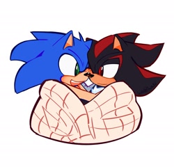 Size: 2048x1962 | Tagged: safe, artist:waddiwasu, shadow the hedgehog, sonic the hedgehog, 2024, blanket, blushing, cute, duo, frown, gay, looking at each other, mouth open, one eye closed, shadow x sonic, shipping, simple background, smile, white background