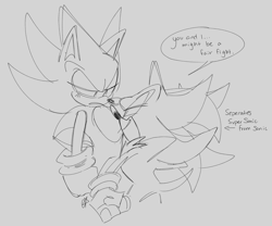 Size: 2048x1701 | Tagged: safe, artist:candyypirate, shadow the hedgehog, sonic the hedgehog, 2022, dialogue, duo, english text, frown, gay, grey background, lidded eyes, line art, looking at each other, shadow x sonic, shipping, simple background, smile, speech bubble, standing