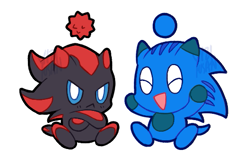 Size: 519x338 | Tagged: safe, artist:yiziyusan, chao, 2024, :<, arms folded, chaobetes, character chao, cute, duo, eyes closed, frown, mouth open, shadow chao, simple background, sitting, smile, sonic chao, white background