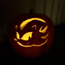 Size: 2048x2048 | Tagged: safe, artist:mistercrits, shadow the hedgehog, 2024, frown, halloween, irl, pumpkin, pumpkin carving