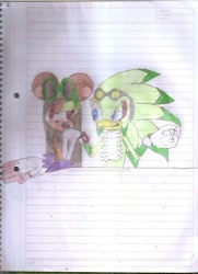 Size: 400x551 | Tagged: safe, artist:thunder-the-mouse, jet the hawk, oc, oc:thunder dark the hedgemouse, traditional media