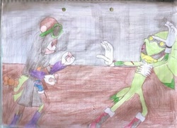 Size: 400x291 | Tagged: safe, artist:thunder-the-mouse, jet the hawk, oc, oc:thunder dark the hedgemouse, traditional media