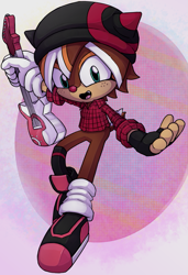 Size: 887x1300 | Tagged: safe, artist:frostlightningx, oc, oc:melanie the chipmunk, chipmunk, asymmetrical legwear, brown fur, female, gloves, green eyes, hat, shirt, shoes, single fingerless glove, single glove, single loose sock, single over-kneehigh