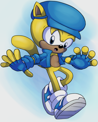 Size: 1128x1399 | Tagged: safe, artist:frostlightningx, ray the flying squirrel, squirrel, blue eyes, cap, fingerless gloves, jacket, male, shoes, socks, yellow fur