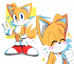 Size: 2048x1755 | Tagged: safe, artist:violetmadness7, miles "tails" prower, :3, blushing, cute, eye clipping through hair, freckles, smile, solo, tailabetes, v sign