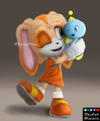 Size: 2500x3000 | Tagged: safe, artist:jocelynminions, cheese (chao), cream the rabbit, chao, gradient background, hugging, movie style