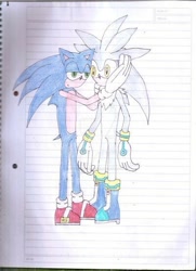 Size: 400x551 | Tagged: safe, artist:thunder-the-mouse, silver the hedgehog, sonic the hedgehog, duo, traditional media