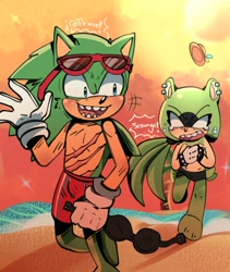 Size: 842x1000 | Tagged: suggestive, artist:mari_maria03, scourge the hedgehog, surge the tenrec, duo, swimsuit