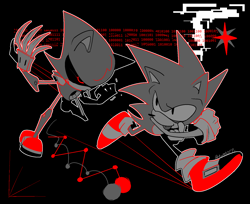 Size: 1644x1342 | Tagged: safe, artist:furmpaino, metal sonic, sonic the hedgehog, akanbe, binary code, black background, duo, limited palette, robot, running