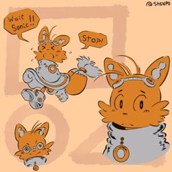 Size: 2048x2048 | Tagged: safe, artist:shenpo, miles "tails" prower, 2024, alternate outfit, english text, goggles, multiple views, solo, speech bubble