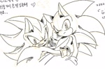 Size: 966x640 | Tagged: safe, artist:chilidog_16, shadow the hedgehog, sonic the hedgehog, duo, gay, korean text, monochrome, shadow x sonic, shipping, sketch