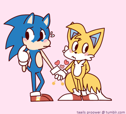 Size: 758x685 | Tagged: safe, artist:taails-proower-blog, miles "tails" prower, sonic the hedgehog, :|, awkward, blushing, cute, duo, flat colors, flustered, frown, gay, hands behind back, heart, holding hands, looking away, looking offscreen, pink background, shipping, signature, simple background, sonabetes, sonic x tails, standing, tailabetes