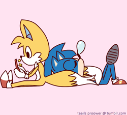 Size: 758x685 | Tagged: safe, artist:taails-proower-blog, miles "tails" prower, sonic the hedgehog, cute, duo, eyes closed, flat colors, gay, holding something, looking at something, lying down, no mouth, pink background, shipping, signature, simple background, sitting, sleeping, sonabetes, sonic x tails, tailabetes