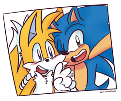 Size: 714x594 | Tagged: safe, artist:taails-proower-blog, miles "tails" prower, sonic the hedgehog, arm around shoulders, blushing, cute, duo, gay, looking at viewer, mouth open, selfie, shipping, signature, simple background, smile, sonic x tails, v sign, white background, wink