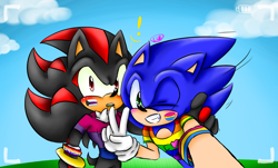 Size: 1918x1160 | Tagged: safe, artist:zone-vibes, shadow the hedgehog, sonic the hedgehog, 2017, abstract background, arm around shoulders, armband, bisexual, bisexual pride, blushing, clothes, daytime, demisexual, demisexual pride, duo, exclamation mark, face paint, gay, gay pride, holding something, looking at viewer, outdoors, pansexual pride, selfie, shadow x sonic, shipping, shirt, signature, standing, surprised, v sign, wink