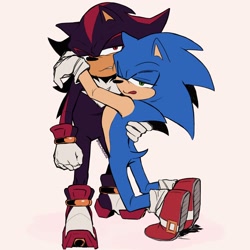 Size: 2048x2048 | Tagged: safe, artist:soonierar, shadow the hedgehog, sonic the hedgehog, 2024, clenched teeth, clingy, duo, frown, gay, holding each other, holding them, kneeling, licking lips, lidded eyes, looking at viewer, shadow x sonic, shipping, simple background, standing, tongue out