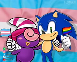 Size: 5272x4197 | Tagged: safe, artist:floonasif, sonic the hedgehog, 2024, crossover, duo, flag, gay pride, looking at viewer, pride, pride flag, pride flag background, signature, smile, standing, trans female, trans pride, transgender, uekawa style, vivian (mario)