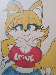 Size: 4608x3456 | Tagged: suggestive, artist:spamtimee, miles "tails" prower, oc, oc:tailsko, 2023, adult, aged up, breasts, busty tails, cleavage, eyelashes, gender swap, hand on hip, lidded eyes, looking at viewer, older, penwork, shirt, shorts, smile, solo, standing, traditional media