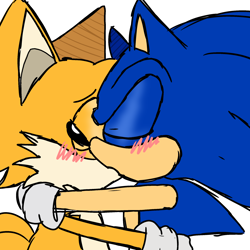 Size: 2048x2048 | Tagged: safe, artist:triplettailedfox, miles "tails" prower, sonic the hedgehog, 2024, alternate version, blushing, duo, eyes closed, gay, holding each other, kiss, mobius.social exclusive, shipping, simple background, sketch, sonic x tails, standing, white background