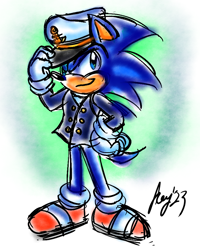 Size: 720x900 | Tagged: safe, artist:jayfoxfire, sonic the hedgehog, the murder of sonic the hedgehog, 2023, gradient background, hand on hip, signature, sketch, smile, solo, standing