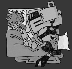 Size: 2048x1955 | Tagged: safe, artist:b1l3cr0c0d1l3, e-123 omega, shadow the hedgehog, bed, duo, gay, grey background, greyscale, lying down, monochrome, omegadow, pillow, robot, shipping