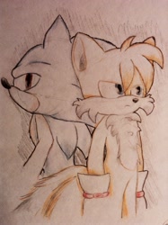 Size: 1535x2056 | Tagged: safe, artist:dreamchaser99, miles "tails" prower, sonic the hedgehog, 2013, back to back, duo, frown, looking at viewer, looking offscreen, standing, traditional media