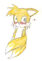 Size: 788x1142 | Tagged: safe, artist:spiderboy1, miles "tails" prower, 2009, blushing, floppy ears, heart, looking offscreen, simple background, solo, traditional media, white background