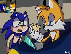 Size: 1600x1200 | Tagged: safe, artist:snowlovvyest, miles "tails" prower, sonic the hedgehog, sonic adventure 2, 2024, abstract background, chaos emerald, duo, holding something, looking at something, looking at them, mouth open, nighttime, outdoors, redraw, reference inset, signature, tornado ii