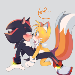 Size: 4000x4000 | Tagged: safe, artist:dogdaysc, miles "tails" prower, shadow the hedgehog, 2024, blushing, duo, gay, grey background, lidded eyes, looking at each other, mouth open, saliva, saliva trail, shadow x tails, shipping, signature, simple background, tongue out