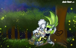 Size: 1688x1065 | Tagged: safe, artist:nonicpower, lanolin the sheep, surge the tenrec, 2023, bug, duo, firefly, forest, heart, lanolin x surge, lesbian, literal animal, looking up, nighttime, outdoors, shipping, signature, sitting, smile, tree