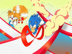 Size: 4160x3120 | Tagged: safe, artist:klokdek858, miles "tails" prower, sonic the hedgehog, sonic mania, 2021, abstract background, classic sonic, classic tails, duo, dust clouds, flying, looking at each other, running, smile, spinning tails