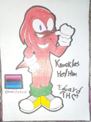 Size: 2630x3535 | Tagged: safe, artist:eduarth, knuckles the echidna, alternate universe, au:the curse, character name, looking at viewer, omnisexual, omnisexual pride, reference sheet, signature, smile, solo, traditional media