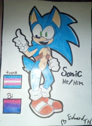 Size: 2702x3690 | Tagged: safe, artist:eduarth, sonic the hedgehog, 2024, alternate universe, au:the curse, bisexual, bisexual pride, character name, chest binding, mouth open, reference sheet, signature, smile, solo, tape, traditional media, trans male, trans pride, transgender